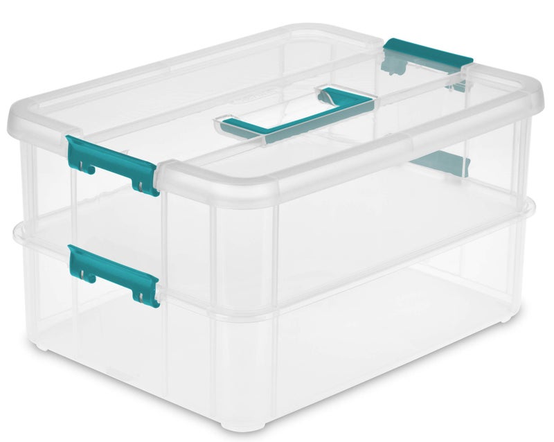 Sterilite 1427CLR Stack & Carry - 2 Layer Box, Clear Lid & Blue Handle, See-through layers - Image 1